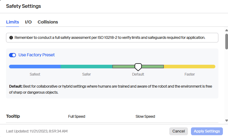 Safety Setting Presets